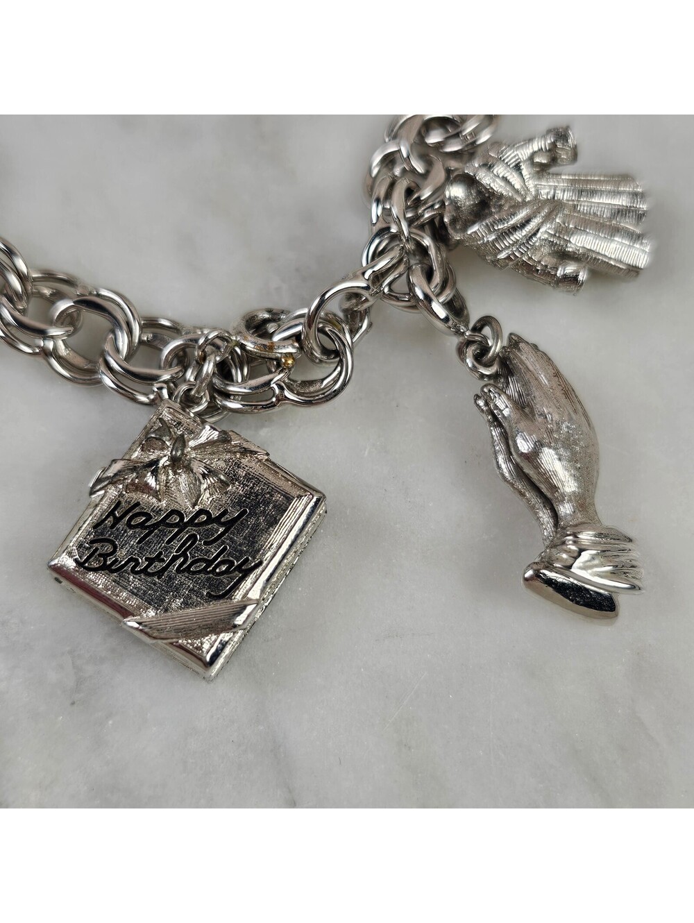 Vintage Monet Silver Tone Happy Birthday Charm Bracelet 7.5 Inch - Picture 4 of 9